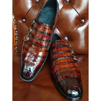 Кафяви Мъжки Лоферы От Крокодилска кожа С джапанки На Не Сужающемся надолу масивна Ток, Луксозни модела обувки Ръчна изработка за Мъже, Офис обувки Zapatos Para Hombres