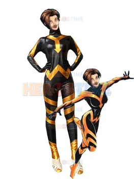 Костюм на супергерой Wasp Черно със златист метал, костюм за cosplay на Хелоуин, боди за възрастни, женски костюм зентай