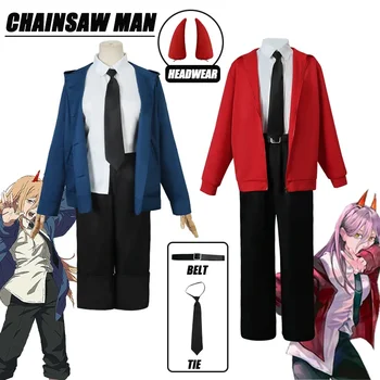 Мощен cosplay Аниме Chainsaw Man Power Cosplay костюм Униформи Синьо и Червено яке, Панталони и Комплекти перуки с рога Костюми за Хелоуин за жени