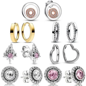 Нова маркова обици-обръч от сребро 925 проба с двоен пръстен във формата на розово сърце Legacy с кристали за жени, модни бижута подарък