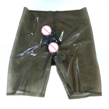 Прозрачни черни латексови панталони с презервативи, латексови къси панталони за мъже, латексово бельо
