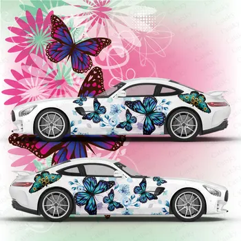 Цветя и пеперуди В стил аниме, тема ливреи на автомобил с постоянен слива страна, Формовани vinyl обвивка, Универсален размер, розова стикер аниме на автомобил от премиум-клас