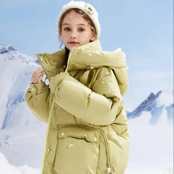 2023 Нов детски пуховик за зимата за момичета, дълга лилава модно пуховое палто от гагачьего пух за по-големите деца, водоустойчив и топли дебели палта