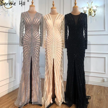 Serene Hill Сиви Луксозни вечерни рокли на Русалка с отрязани в стил голи, рокли 2021, с Елегантна бродерия на мъниста, Секси за жените, парти GLA70183