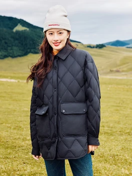 Xue Zhongfei 2023, Есенно-зимния ново дамско пуховое палто, однобортный яка с откидывающимся езда с по-голям джоб, който осигурява минимално топло