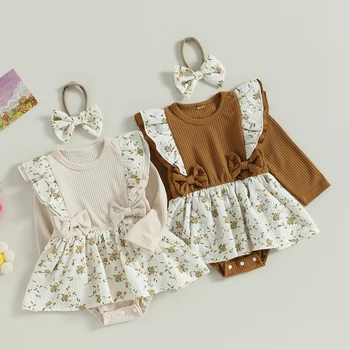 Есента рокля-плъзгачи за новородени момичета с Милдауном, дрехи принцеса в стил Мозайка с волани и цветен модел, превръзка на главата