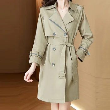 Жена двубортное палто свободно cut EVNISI с джоб и отложным яка, ретро обикновен елегантен тренч дантела за есен-зима