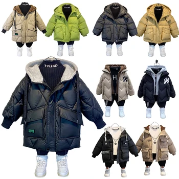 Зимна пуховик за момчета от 2 до 16 години, Модерно Корейското топло палто за тийнейджъри, паркове с качулка с цип, Кожа Памучен връхни дрехи