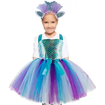 Костюм на Русалка за момичета, костюм на Русалка, без ръкави, рокля на принцеса, рокля-пакетче с превръзка на главата за момичета от 4 до 12 години