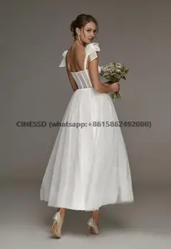Къса булчинска рокля с модерни бретельками чашки, Трапециевидное бяла сватбена рокля с дължина до семки, vestido de noiva curto