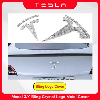Модел на Tesla 3 Y Bling Покриване на лого на автомобила с логото на преден, заден багажника С Кристали Стикер Емблема на волана 2022 2023 2021 Аксесоари