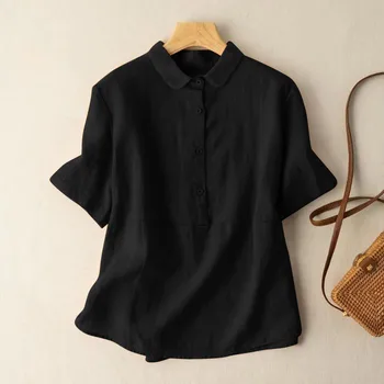 Модерен дамски блуза с кръгло деколте и 3/4 ръкав, Лятна елегантна риза, Предните джобове, Стилни ежедневни офис блузи, памучни ризи