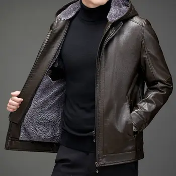модерна луксозна ежедневни кожено яке, мъжко зимно палто, мъжки руното дрехи, топла горна дреха, качулка в корейски стил, яке с цип, aaa черно
