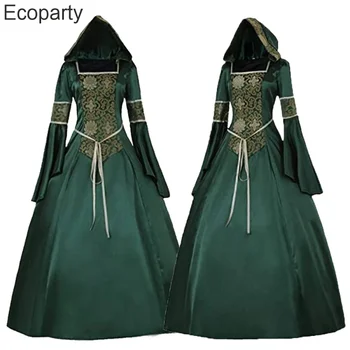 Нов женски Средновековния Готически доброто карнавалния костюм на кралица епохата на Възраждането, винтажное Макси рокля с висока талия и качулка с дълги ръкави, Виктория костюм