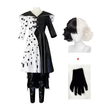 Нова рокля Круэллы Де Вил Cruella, костюми за Хелоуин, Кралят костюм, черно-бели рокли за прислужница с кожени штанами, перука за парти