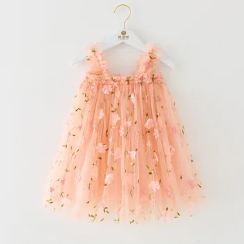 Ново детско рокля-пеперуда за малки момичета с цветя аппликацией, сладък годишният сарафан без ръкави, Детски дрехи