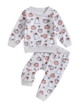 Облекло за новородени момичета за Хелоуин, Hoody с дълъг ръкав и принтом Тиква, панталони, Комплект 0-24 м