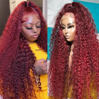 Перука на дантели HD Water Wave Бордо, Къдрава коси, 13x4, перуки, с дълбоки вълни, боядисани в 99j Червена перука за жени, бразилски