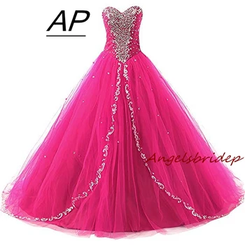 Пищни рокля ANGELSBRIDEP 2021 Vestidos De 15 Anos Princesa, Уважаеми Вечерна Рокля В пода С пайети, с Дължина до пода, На 16 години