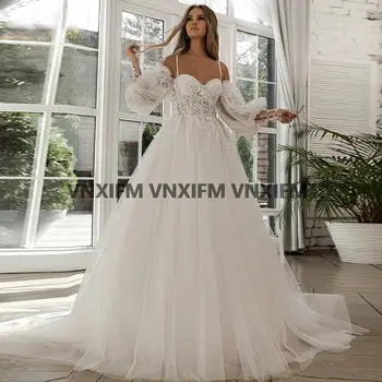 Плажна рокля сватба трапецовидна форма, с дълги буйни ръкав, бельо сватбена рокля с пера, сшитое по поръчка, сватбени рокли за парти на принцесата в стил бохо Плюс размер
