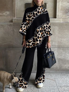 Пролетно-есенен женски комплект от две части с леопардовым принтом, ежедневни дамски свободни дълги панталони, пуловери, блузи и широки панталони, с нов костюм