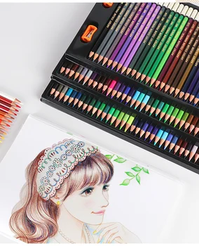 Професионални акварелни моливи, цветни моливи за рисуване и четка разнообразни ярки нюанси за colorization, перушина