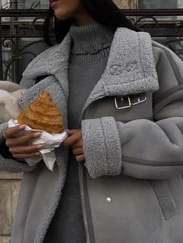 Сиво яке от изкуствена кожа от вълна от овце, дамски Дебела Топло Есенно-зимно яке в стил Мозайка, дамско палто с отложным яка с цип, Дамско палто 2023 г.