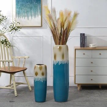 Синя ваза с височина от пода до тавана 90 см за декорация на хола, керамична ваза за декорация на дома