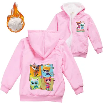 Супер Kitties Зимни руното яке с качулка за момчета, детски дрехи, топло яке с качулка за момичета, ветровка с цип, бебешко яке за деца