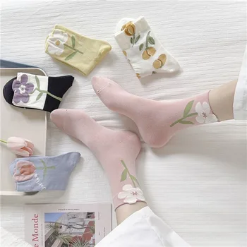 Чорапи с цветен модел, дамски чорапи в стил ретро Харадзюку в стил колеж, японски дълги памучни чорапи Kawaii